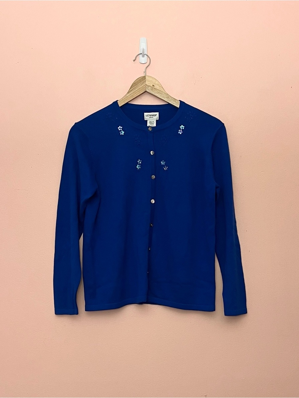 Vintage Liz Baker Royal Blue Floral Beaded Cardigan Sweater Small Petite